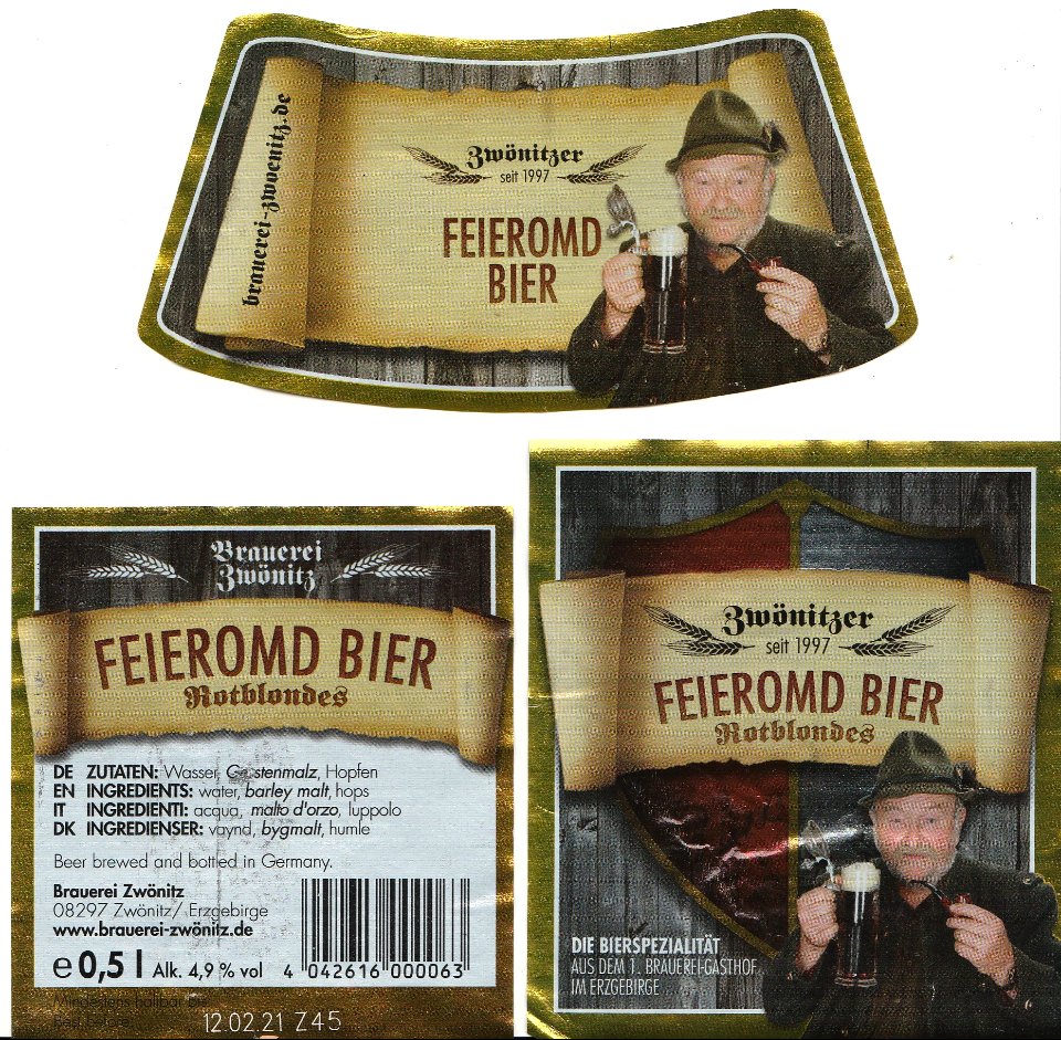 Brauerei Zwönitz - Zwönitzer Feieromd Bier, Rotblondes