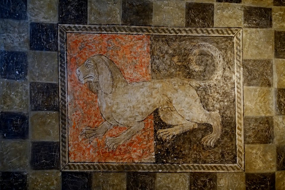 Ceiling decoration (Talbot Dog) in the Parlour or Dining Room, Haddon Hall - Bakewell, Derbyshire, England - DSC02643