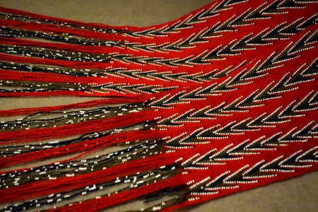 Ceinture flechee perlee, finger-woven, plaited and beaded sash, Huron-Wendat, view 2, Canada, Quebec, 1825-1875, wool, glass beads - Royal Ontario Museum - DSC04423