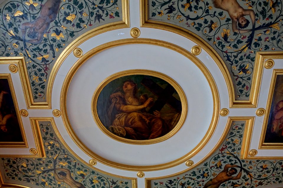 Ceiling with Allegory of Faith by the studio of Paolo Veronese, 1550-1599, and Arabesque panels by Francesco Vason, 1850-1894, oil on canvas - State Bedroom - Kingston Lacy - Dorset, England - DSC03536