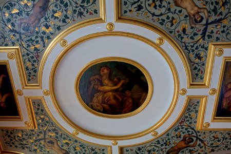 Ceiling with Allegory of Faith by the studio of Paolo Veronese, 1550-1599, and Arabesque panels by Francesco Vason, 1850-1894, oil on canvas - State Bedroom - Kingston Lacy - Dorset, England - DSC03536