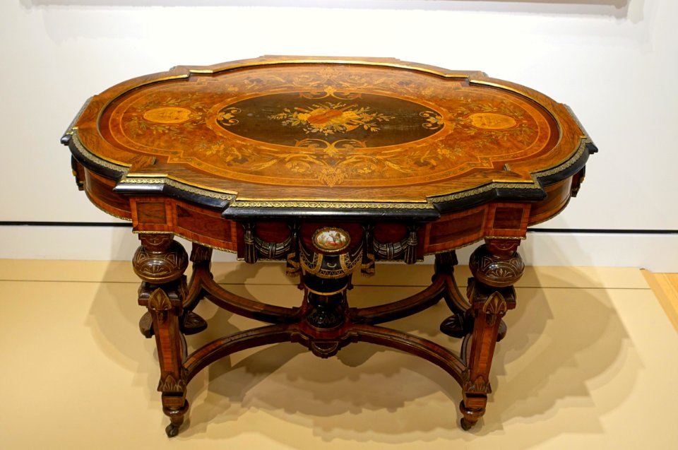 Center table, attributed to Israel Fellows, Salem, Massachusetts, with inlaid top from Paris, 1869, various woods, porcelain, metals, gilding - Peabody Essex Museum - DSC06690