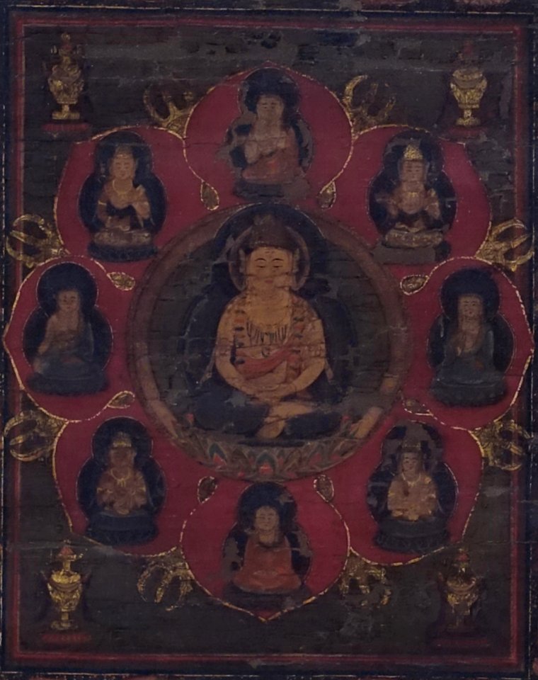 Center art detail, from- Mandalas of the Two Realms, 2 of 2, Japan, Kamakura period, 1300s AD, color on silk - Tokyo National Museum - Tokyo, Japan - DSC09324 (cropped)