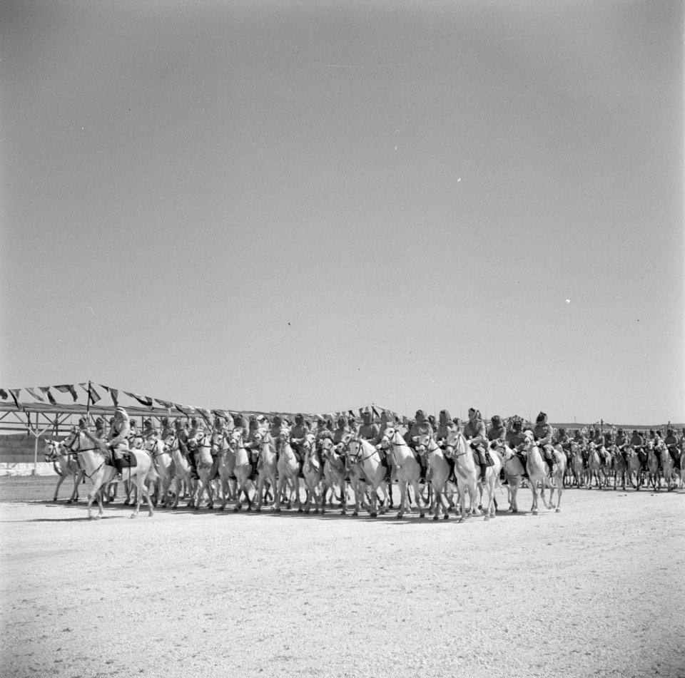 Cavalerie te paard van de koninklijke erewacht bij een generale repetitie voor e, Bestanddeelnr 255-5087