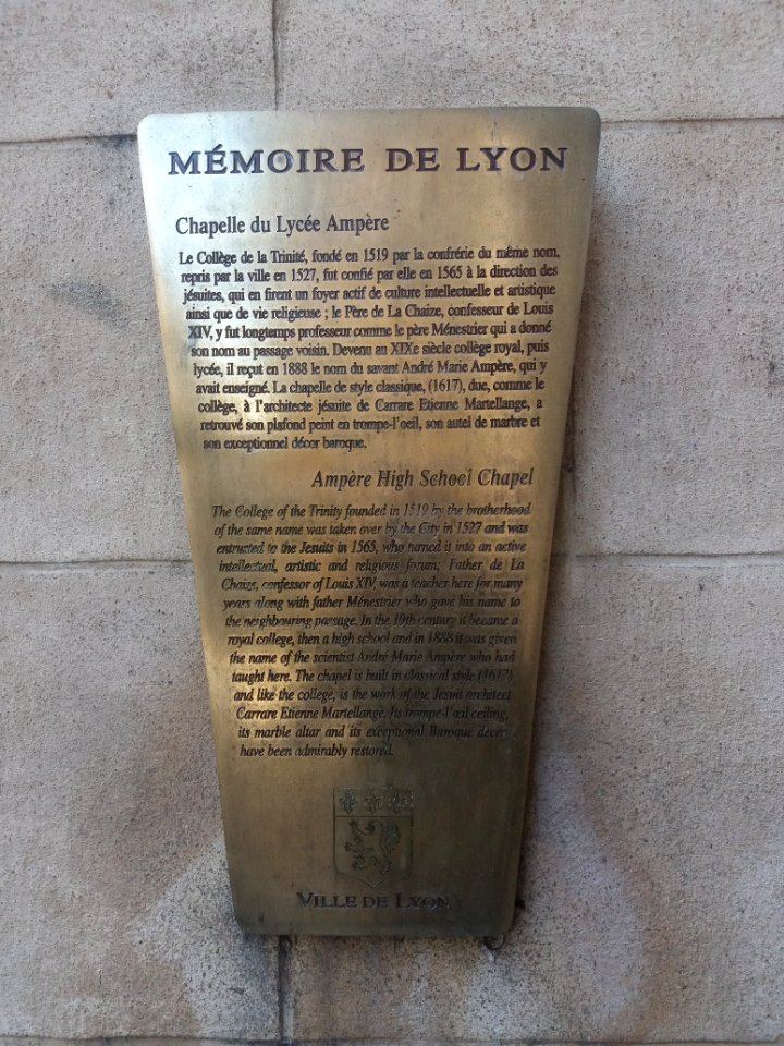 Chapelle de la Trinité de Lyon - Plaque Mémoire de Lyon