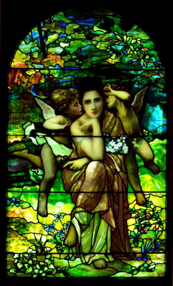 Chansons de Printemps, after the painting by William-Adolphe Bouguereau, attributed to Louis Comfort Tiffany, Tiffany Glass and Decorating Company, leaded glass - New Britain Museum of American Art - DSC09676