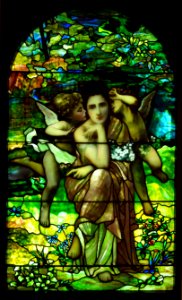 Chansons de Printemps, after the painting by William-Adolphe Bouguereau, attributed to Louis Comfort Tiffany, Tiffany Glass and Decorating Company, leaded glass - New Britain Museum of American Art - DSC09676
