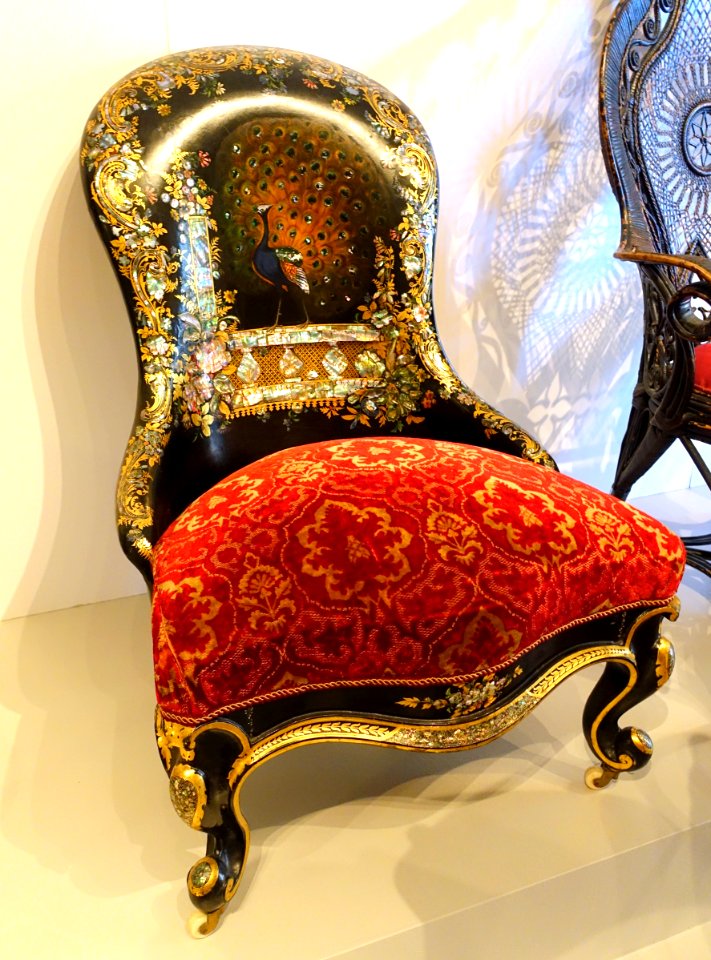 Chair with peacock, papier-mache, patterned velvet - Nordiska museet - Stockholm, Sweden - DSC09829