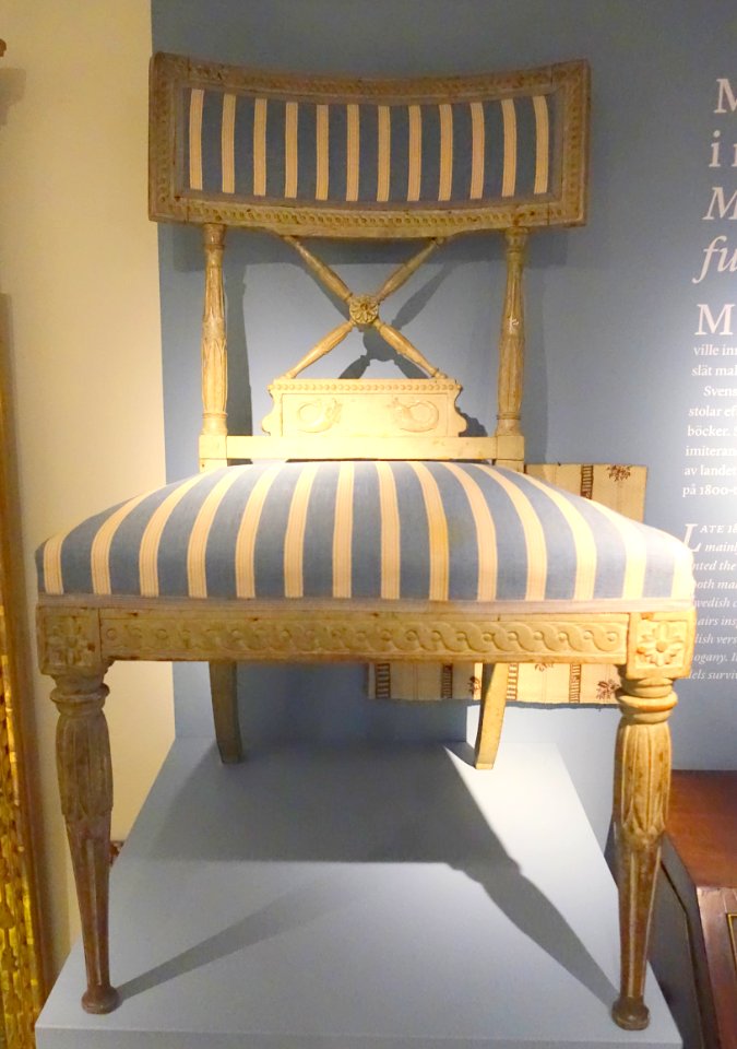 Chair, signed by Erik Ohrmark, c. 1810, modern upholstery - Nordiska museet - Stockholm, Sweden - DSC09844
