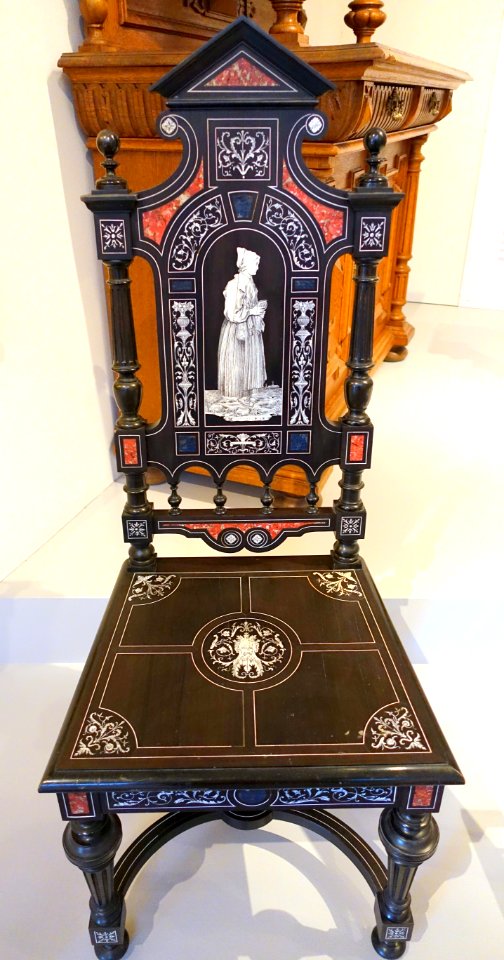Chair in Neo-Renaissance style, designed by Magnus Isaeus, c. 1880, veneer of black ebony with bone inlay - Nordiska museet - Stockholm, Sweden - DSC09834