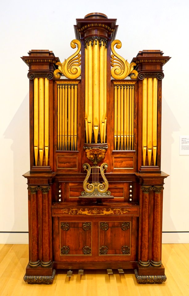 Chamber organ, by George G. and William Hook, with carvings by Joseph True, Salem MA, 1827, various woods and metals, gilding, ivory - Peabody Essex Museum - DSC06860