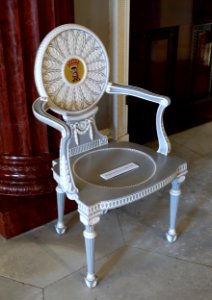 Chair with Lascelles crest, Thomas Chippendale, 1700s - Entrance Hall - Harewood House - West Yorkshire, England - DSC02092