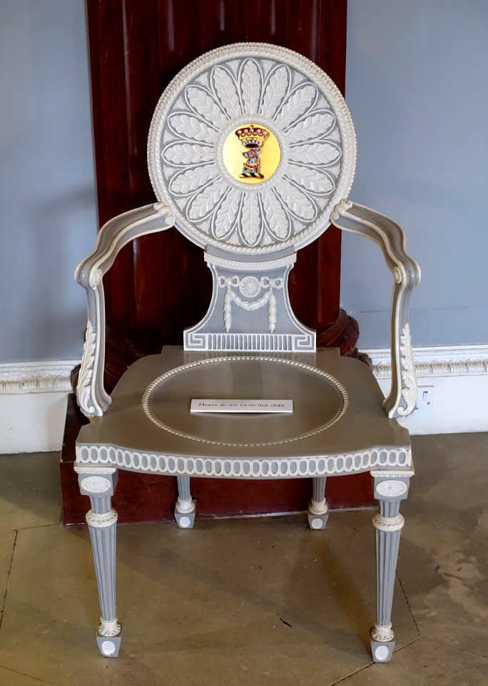 Chair with Lascelles crest, Thomas Chippendale, 1700s - Entrance Hall - Harewood House - West Yorkshire, England - DSC02088