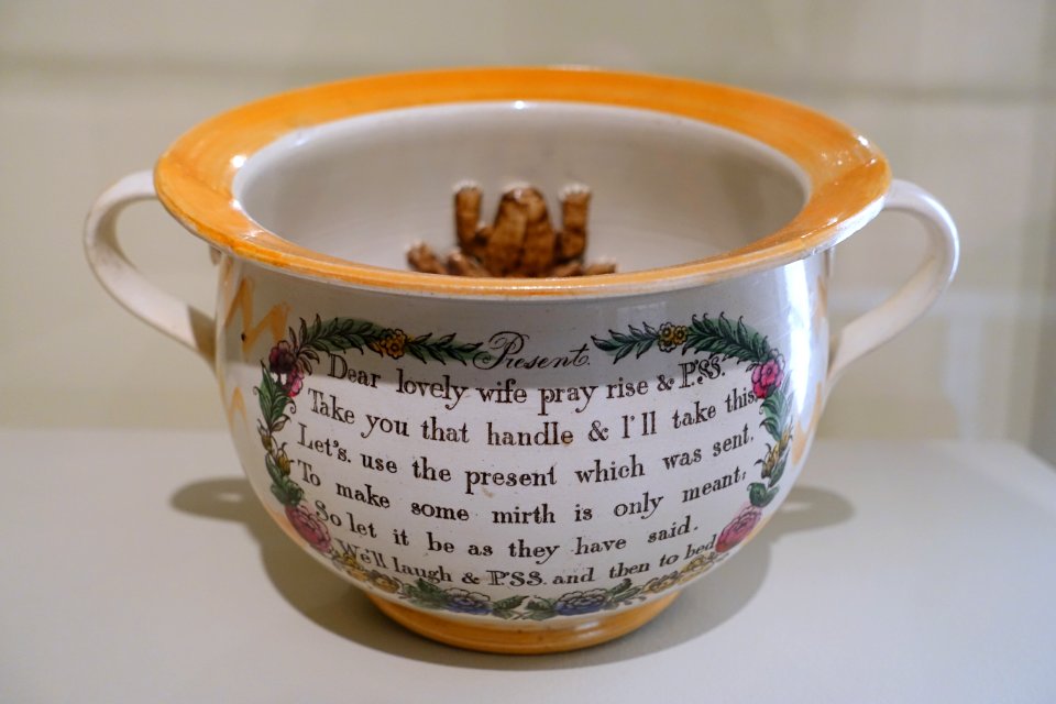 Chamber pot with frog, England, c. 1830-1850, earthenware, view 1 - Concord Museum - Concord, MA - DSC05887