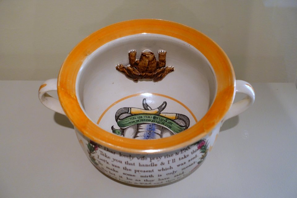 Chamber pot with frog, England, c. 1830-1850, earthenware, view 2 - Concord Museum - Concord, MA - DSC05888