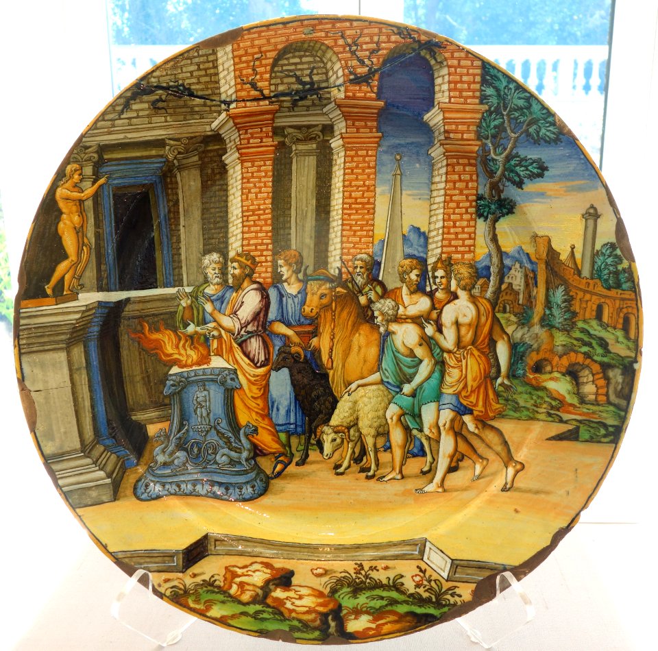 Charger depicting Psyche's Father Consulting the Orcale, after Agostino Veneziano, Italian, Faenza, maybe Virgiliotto Calamella workshop, c. 1550-1575 - California Palace of the Legion of Honor - DSC07648