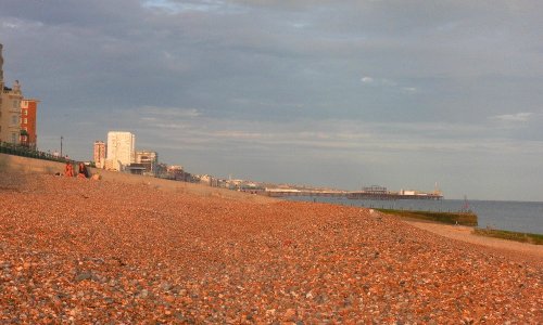 Chartwell Court, Sussex Heights and Bedford Towers, Brighton, seen at sunset from the beach in Hove (July 2013) (1)