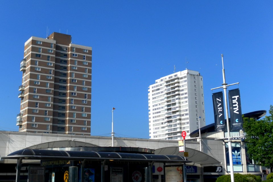 Chartwell Court and Sussex Heights seen from Churchill Square, Brighton (June 2013)