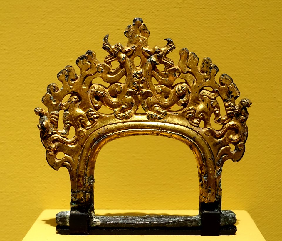 Chariot fitting with design of dragons and beasts among clouds, China, Shandong province, Han dynasty, 2nd century BC to 2nd century AD, gilt bronze - Portland Art Museum - Portland, Oregon - DSC08643