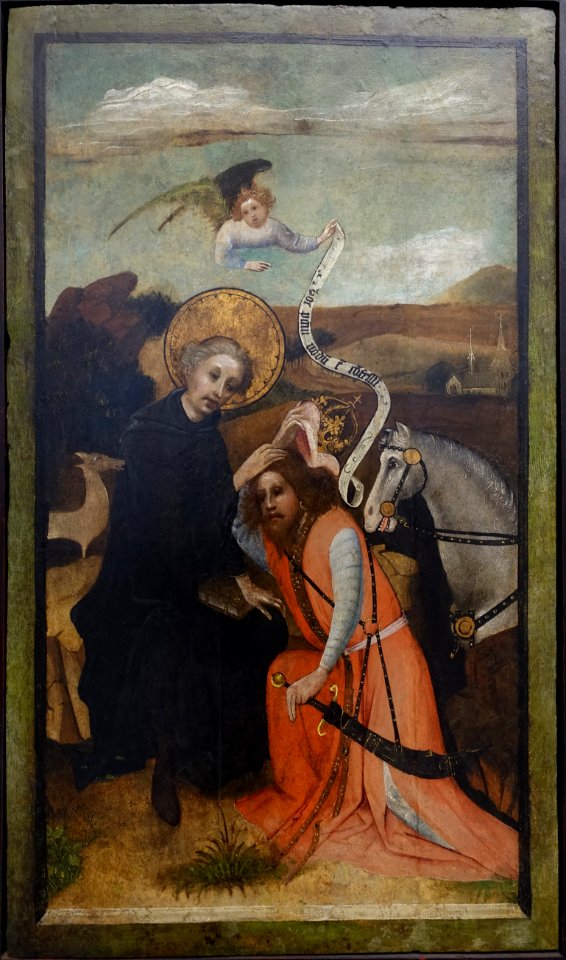 Charlemagne takes confession from Saint Giles, Master of the Pallant-Altars, Cologne, Pfarrkirche Linnich b. Aachen, c. 1425, painting on walnut - Germanisches Nationalmuseum - Nuremberg, Germany - DSC02872