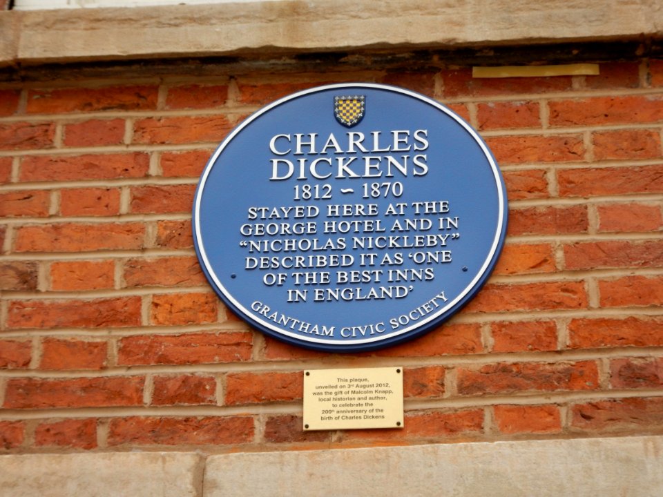 Charles Dickens blue plaque at The George, Grantham