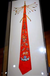 Ceremonial sash with flower baskets, bats, and Daoist symbols, probably Imperial Silk Manufactory, Suzhou, China, 1700s or 1800s AD, silk, gold, silver, rubies, jadeite, etc - Peabody Essex Museum - DSC07850