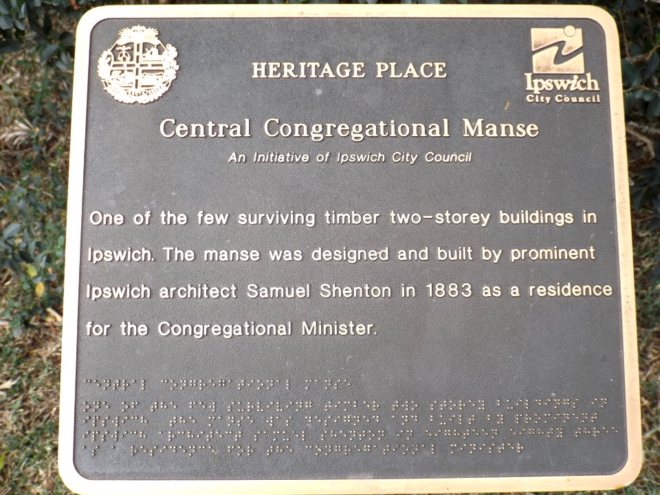 Central Congregational Church Manse plaque, Ipswich, Queensland