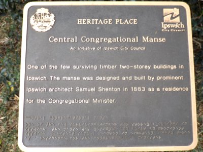 Central Congregational Church Manse plaque, Ipswich, Queensland