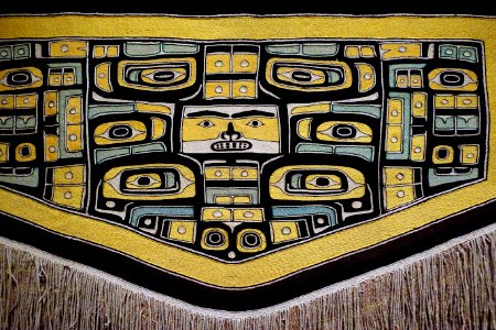 Ceremonial cape, Tlingit people, Chilkat clan, northwest coast of North America, 1850-1900 AD, cedar bark, mountain goat hair, sheep's wool, view 2 - Textile Museum, George Washington University - DSC09930