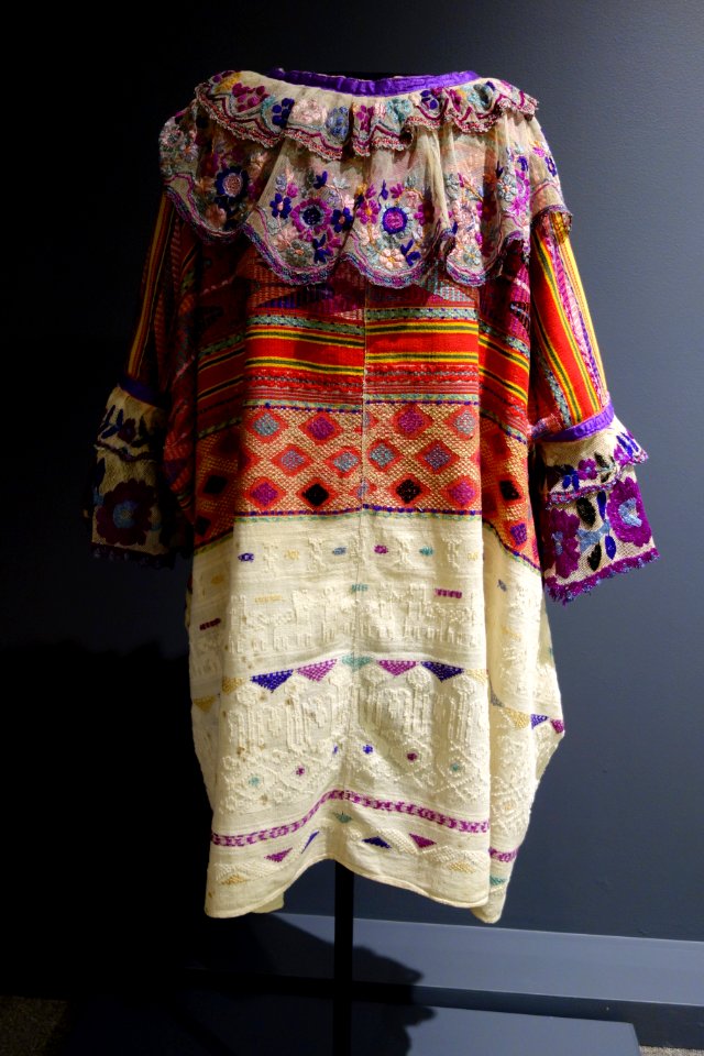 Ceremonial huipil, Kakchiquel Maya, San Lucia Utatlan, c. 1930s-1940s, view 1, silk, handspun cotton, commercial tulle - Textile Museum of Canada - DSC01065