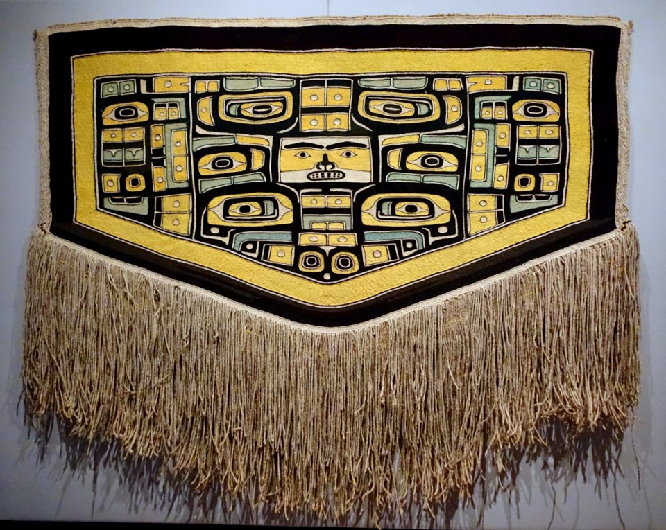 Ceremonial cape, Tlingit people, Chilkat clan, northwest coast of North America, 1850-1900 AD, cedar bark, mountain goat hair, sheep's wool, view 1 - Textile Museum, George Washington University - DSC09926