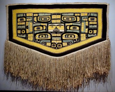 Ceremonial cape, Tlingit people, Chilkat clan, northwest coast of North America, 1850-1900 AD, cedar bark, mountain goat hair, sheep's wool, view 1 - Textile Museum, George Washington University - DSC09926