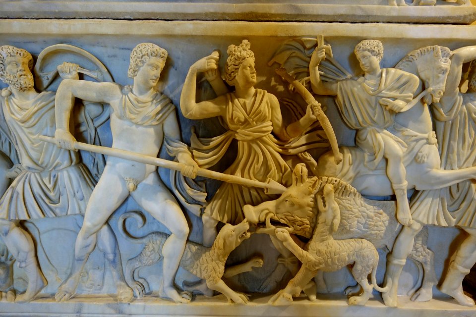 Calydonian boar hunt, sarcophagus from Vicovaro, Roman, M.C. inv. 917, marble, detail - Musei Capitolini - Rome, Italy - DSC05844