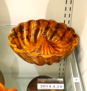Cake mold, unidentified, lead-glazed redware - Flynt Center of Early New England Life - Deerfield, Massachusetts - DSC04149