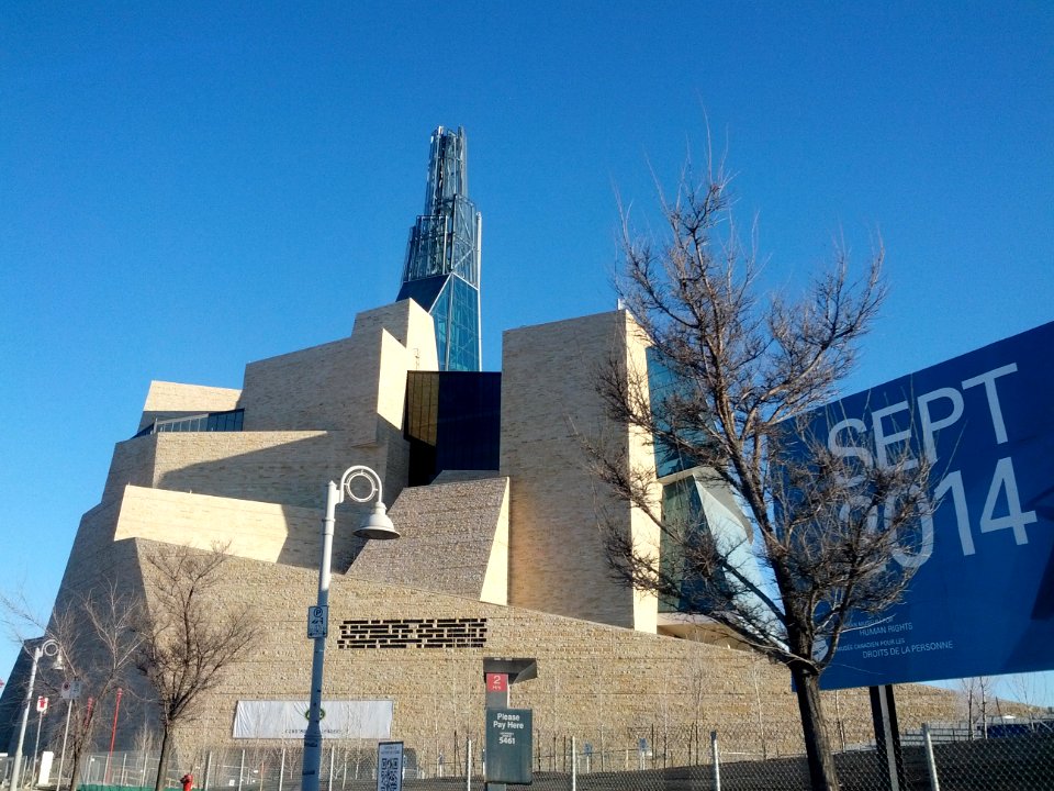 Canadian Museum for Human Rights, April 2014, showing sign with expected opening date