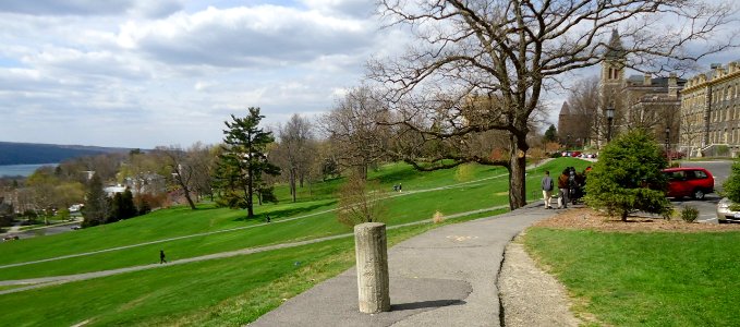 Campus view of Lake Cayuga (left) and grassy stretches at Cornell University