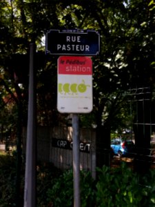 Caluire-et-Cuire - Rue Pasteur, plaque et panneau Pédibus