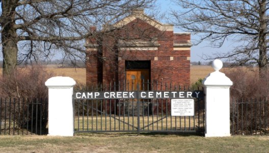 Camp Creek Cemetery gate and chapel from W 1