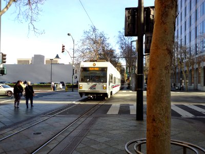 California downtown San Jose light rail approaches on street