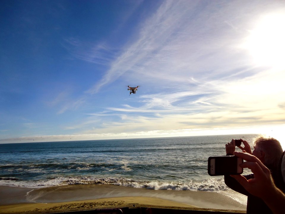 California photo of drone airborne over Pacific Ocean