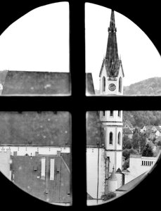 Cesky krumlov church black and white photo