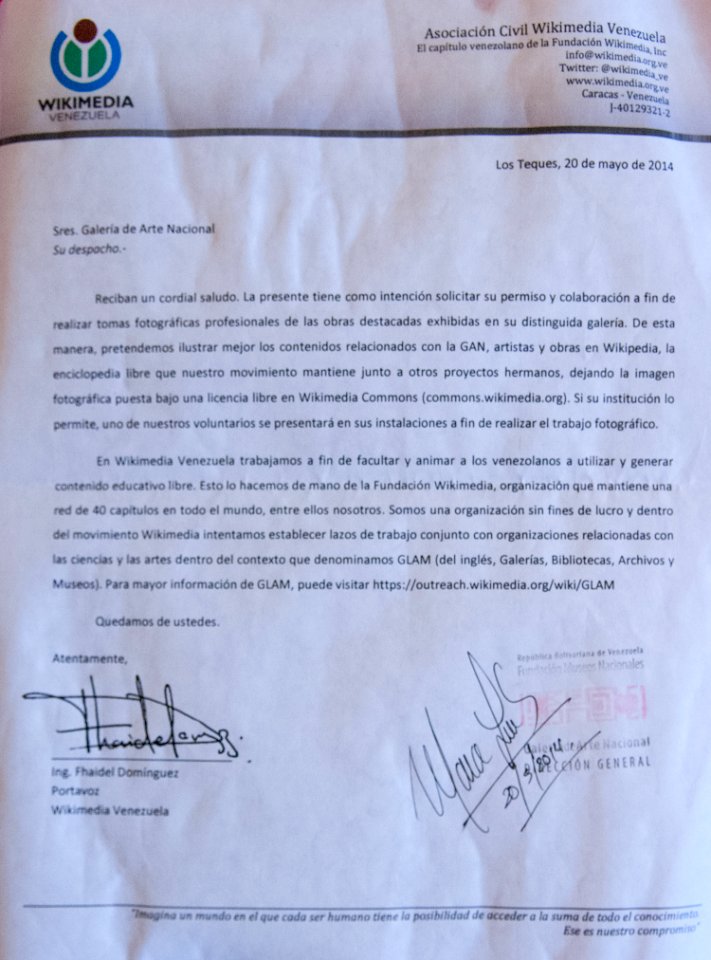 Carta de Permiso para realizar fotografías profesionales de Wikimedia Venezuela a La Galería de Arte Nacional