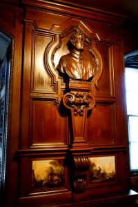 Carved bust and panelling from a German monastery, acquired 1837, with paintings by John Wilsom Carmichael - Oak Room, Chatsworth House - Derbyshire, England - DSC03042