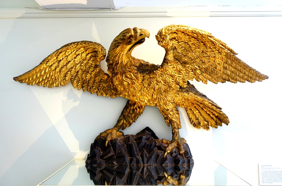 Carved eagle, American, 1790-1820, gilded and painted pine, reinforced with wrought iron - Bennington Museum - Bennington, VT - DSC08497