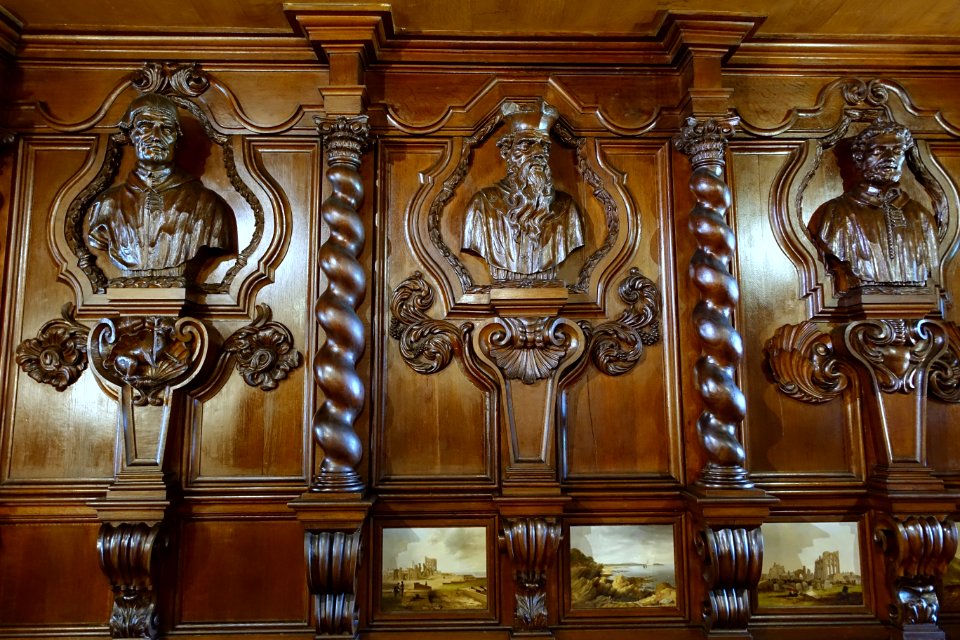 Carved busts and panelling from a German monastery, acquired 1837, with paintings by John Wilsom Carmichael - Oak Room, Chatsworth House - Derbyshire, England - DSC03035