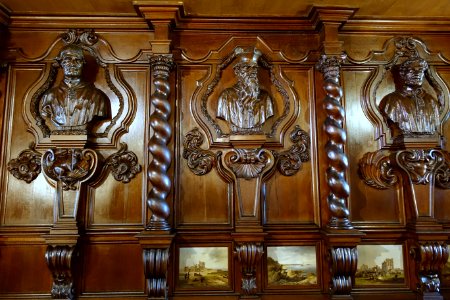 Carved busts and panelling from a German monastery, acquired 1837, with paintings by John Wilsom Carmichael - Oak Room, Chatsworth House - Derbyshire, England - DSC03035