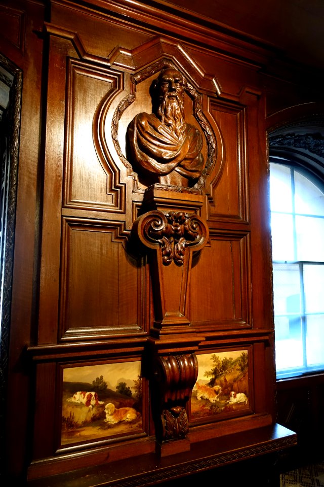 Carved bust and panelling from a German monastery, acquired 1837, with dog paintings by William Pascoe - Oak Room, Chatsworth House - Derbyshire, England - DSC03038
