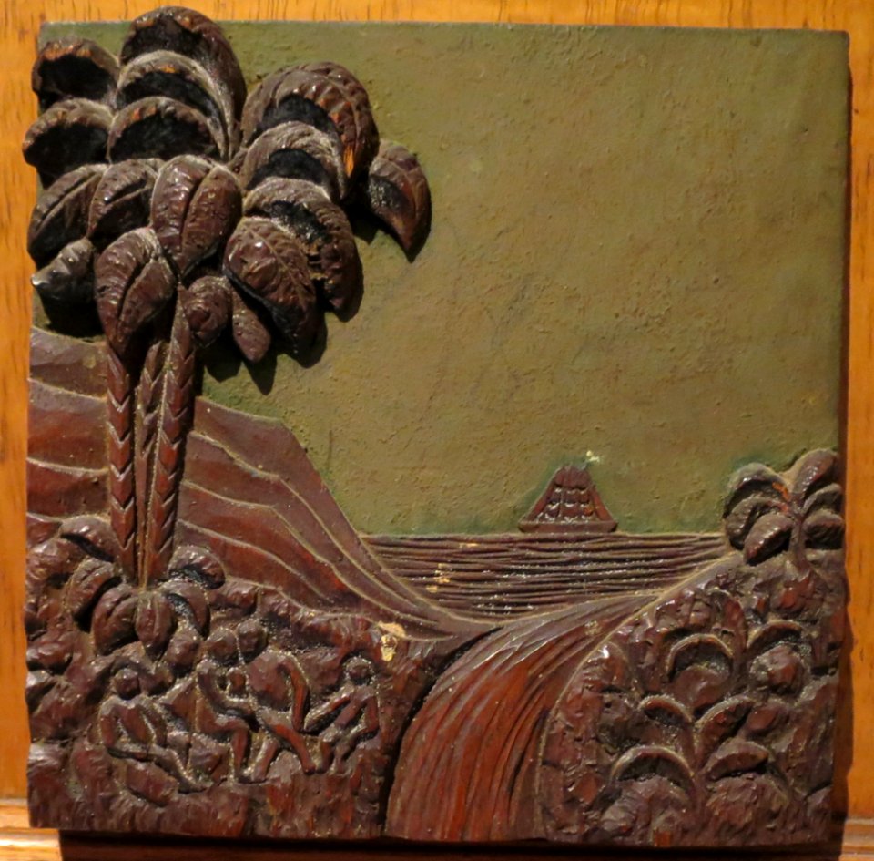 Carved wooden placque on base of Franz Otremba's replica of Kamehameha statue II