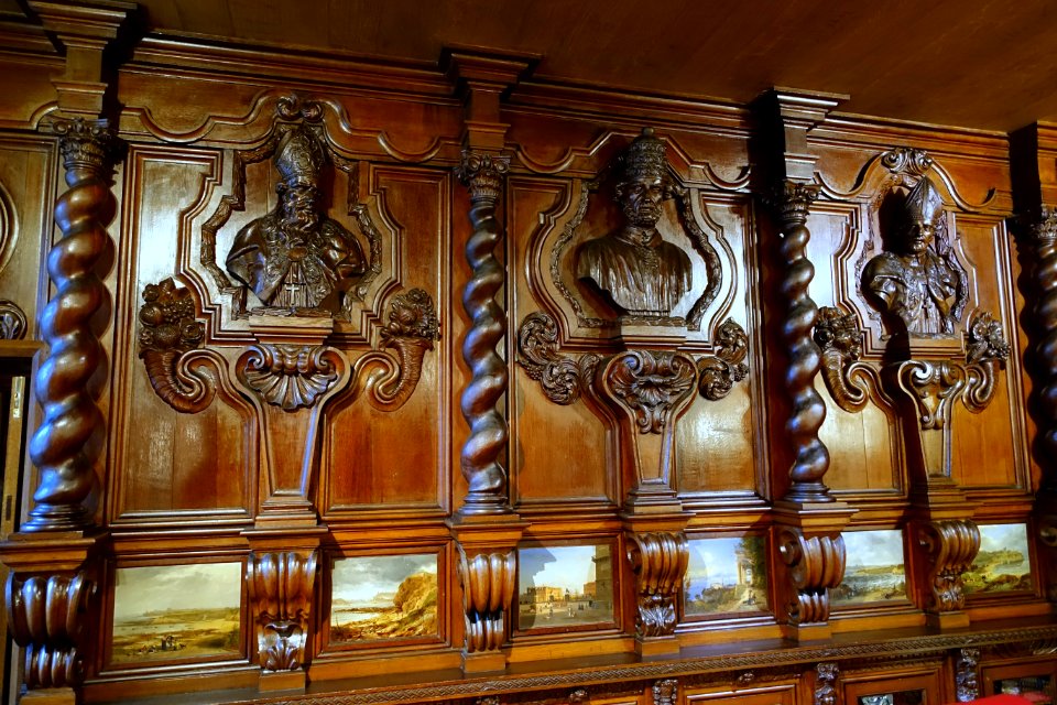 Carved busts and panelling from a German monastery, acquired 1837, with paintings by John Wilsom Carmichael - Oak Room, Chatsworth House - Derbyshire, England - DSC03044
