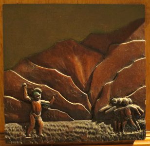 Carved wooden placque on base of Franz Otremba's replica of Kamehameha statue IV